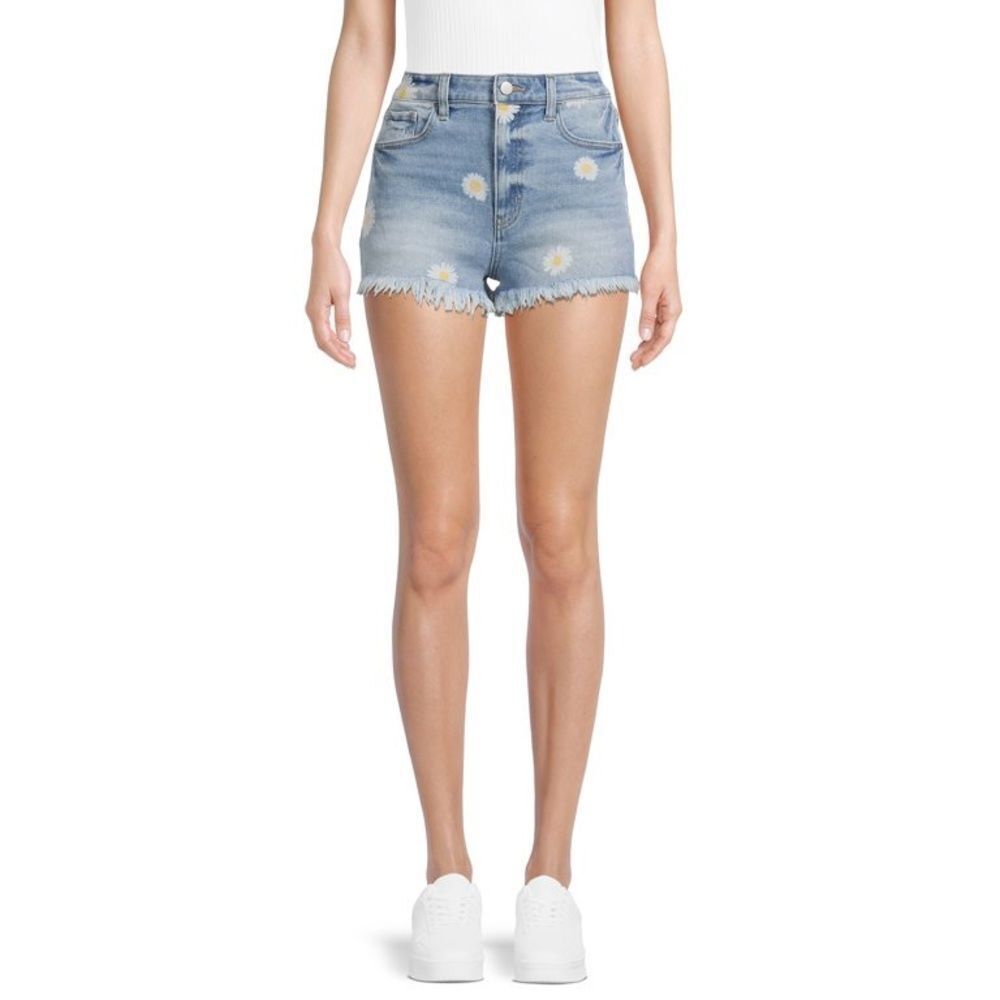 Material Girl Daisy Dukes Printed Flowers Mid Rise Cutoff Denim Frayed Shorts 7